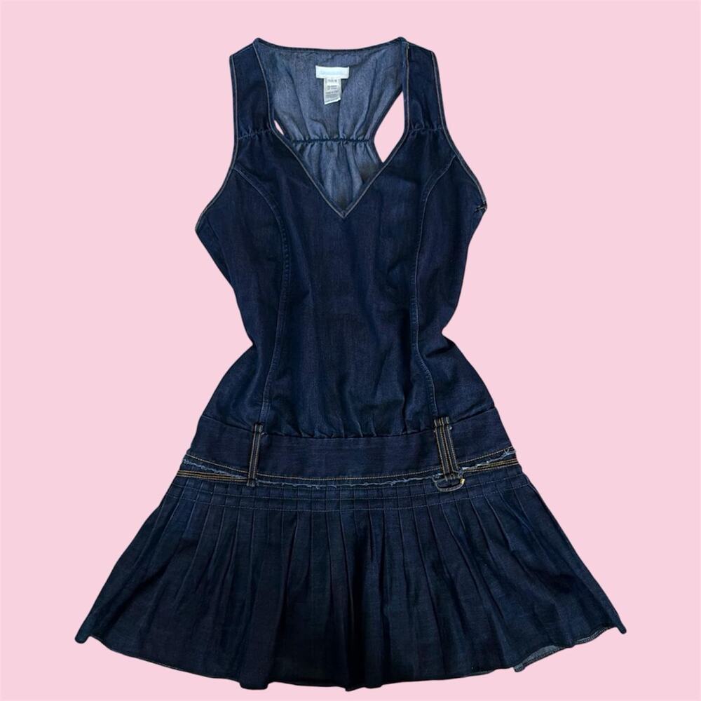 Vintage Y2K Italian Diesel Denim Drop Waist Mini Dress with Pleated Skirt